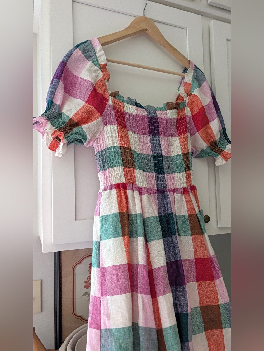 Boden Sky Smocked Linen Midi Dress Multicolor Gingham 6P Petite - Picture 9 of 9